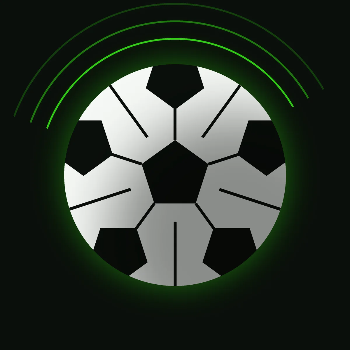 Illustration of a soccer ball glowing neon green under floodlights.
